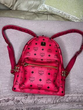 MCM Red Monogram Backpack Visteous Pyramid Studded